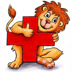 freundlicher Löwe, der das rote Kreuz im Arm hat und den Daumen nach oben reckt